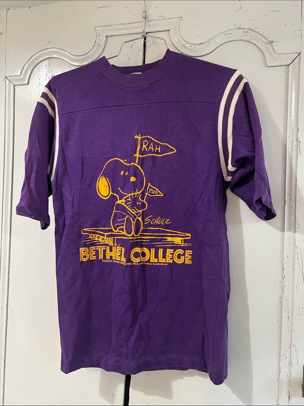 Vintage Snoopy / Peanuts Collegiate Football Jersey Raglan Tee, Bethel College